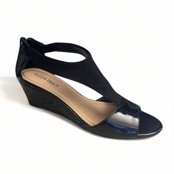 Ellen Tracy Black Patent sandals heels open toe sz 8 - Picture 1 of 11